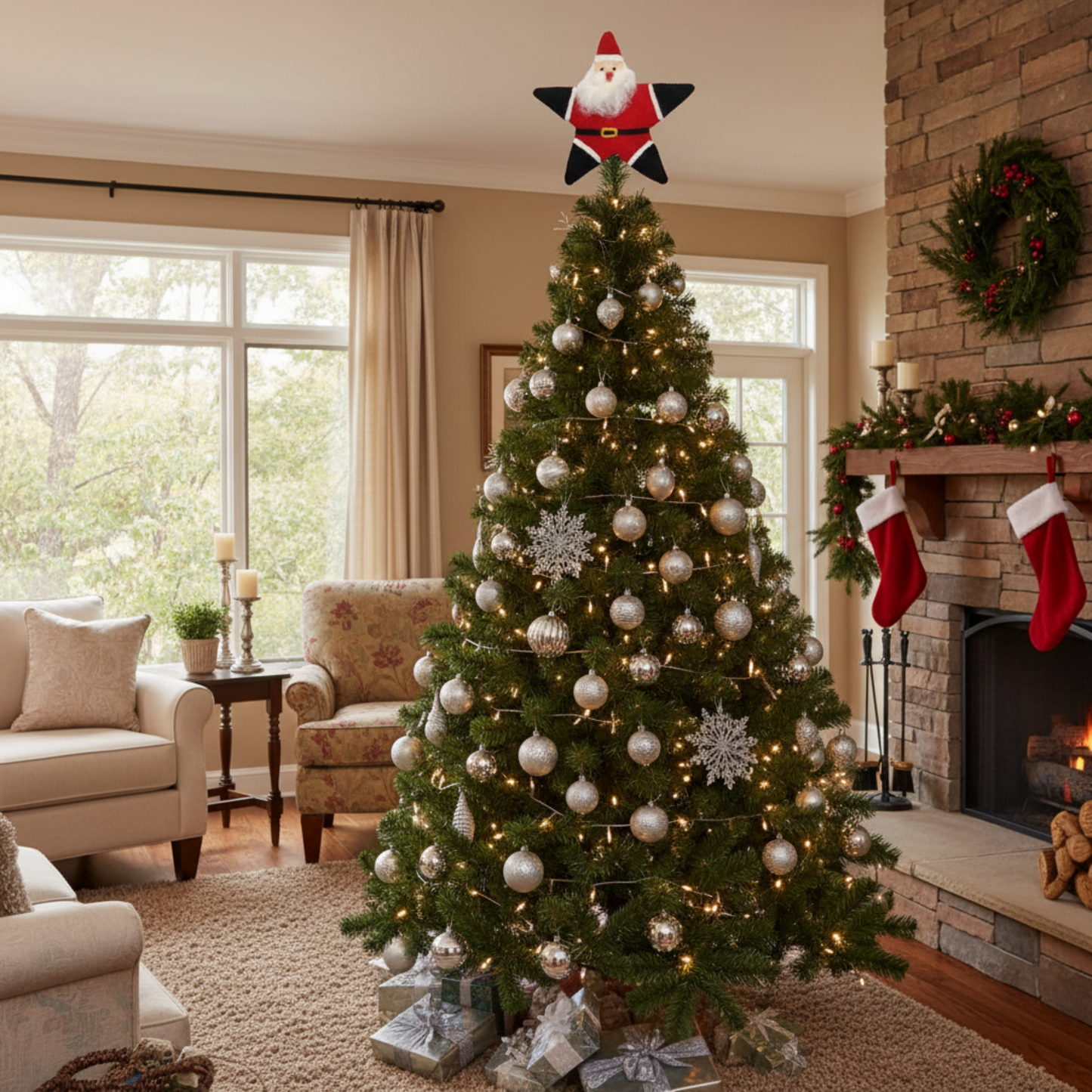 Decorated Christmas tree with ornaments and lights in a living room.