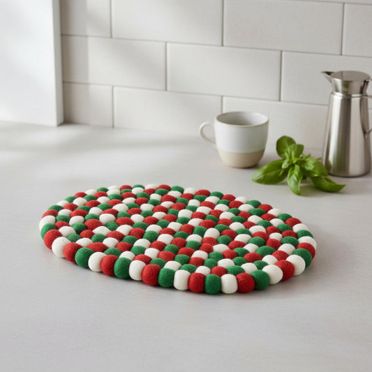 Handmade Felt Ball Oval Casserole Trivet- Classic Christmas Colors