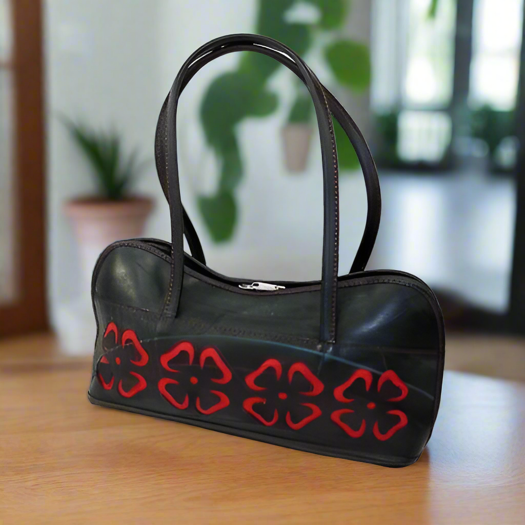Bolsa de llantas con flores recortadas, negra, llantas recicladas y recicladas, comercio justo
