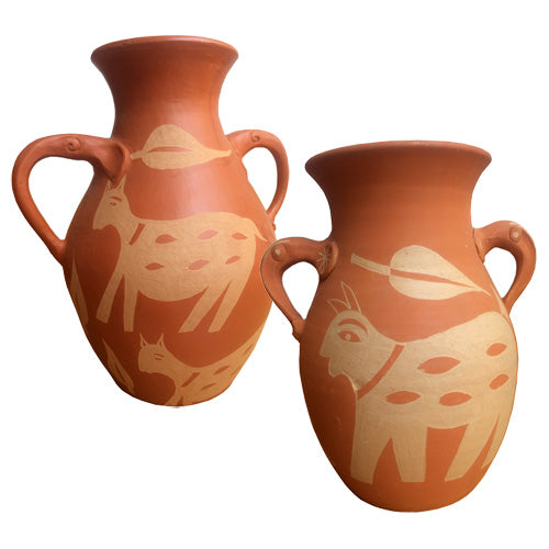 set of two terracotta vases with double handles in deep earth tones from Kathmandu, Nepal. Fair Trade and handmade vases.