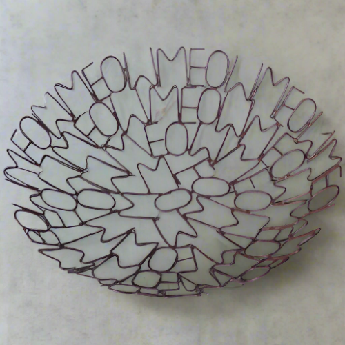 handmade fair trade recycled metal word bowl with Meow design.