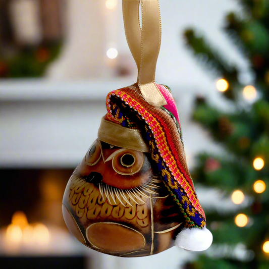 Holiday Ornament- Owl with Santa Hat in Peruvian Fabric-Pyro-Engraved Gourd -Fair Trade