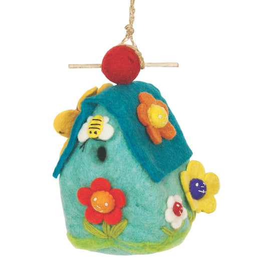 Handmade Felt Birdhouse Flower House - Aqua/Yellow -Wild Woolies