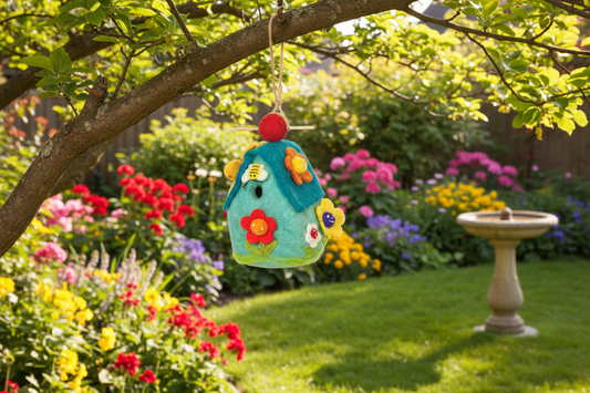 A handmade felt birdhouse with a floral pattern in aqua and yellow colors, featuring a bamboo perch and a jute hanging cord.