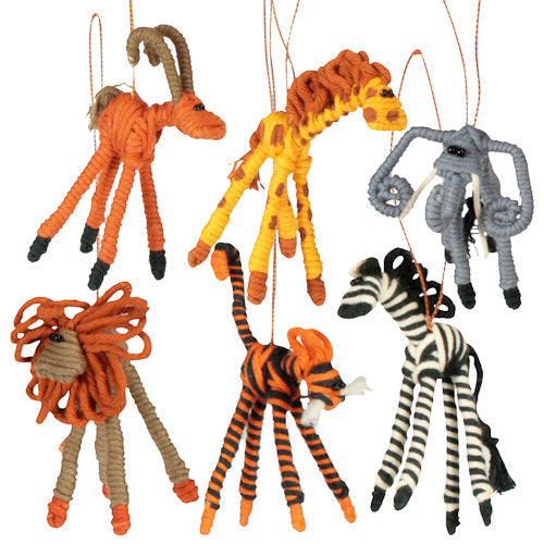 Handmade Recycled Cotton & Wire Safari Animal Ornaments- Fair Trade