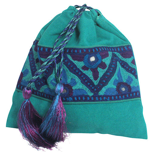 Hand-Crafted Embroidered Drawstring Pouches-Handbags-Fair Trade-Blues or Browns