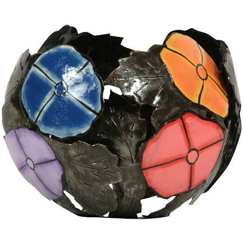 Hand-Painted Metal Floral Luminary-Recycled Steel Oil Drum Art-Fair Trade-Haiti