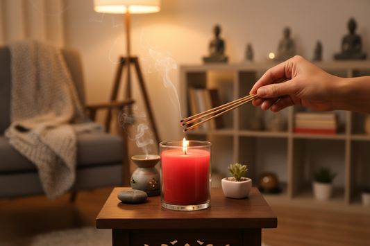 Person lighting a red jar candle with a long match in a cozy living room.