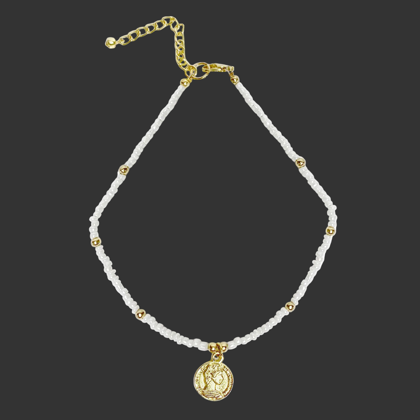 Glass Bead Choker with Brass Coin Pendant-White