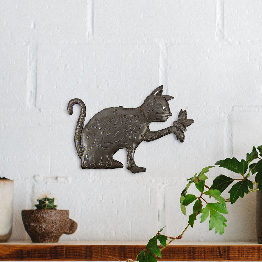 Haitian Steel Drum Wall Art- Playful Kitty and Butterfly -Fair Trade