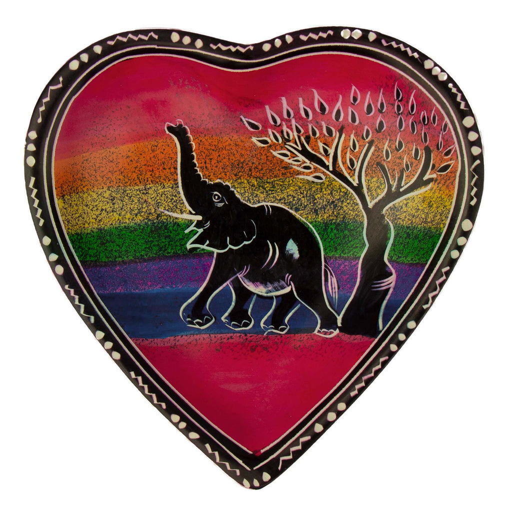 African Soapstone Hand-painted Heart Trinket Dishes-Rainbow Safari Animals-2PC Set