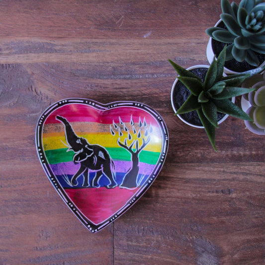 African Soapstone Hand-painted Heart Trinket Dishes-Rainbow Safari Animals-2PC Set