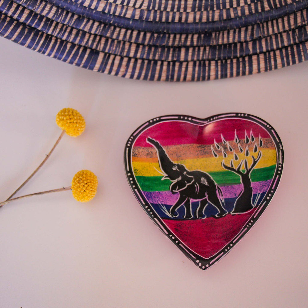African Soapstone Hand-painted Heart Trinket Dishes-Rainbow Safari Animals-2PC Set