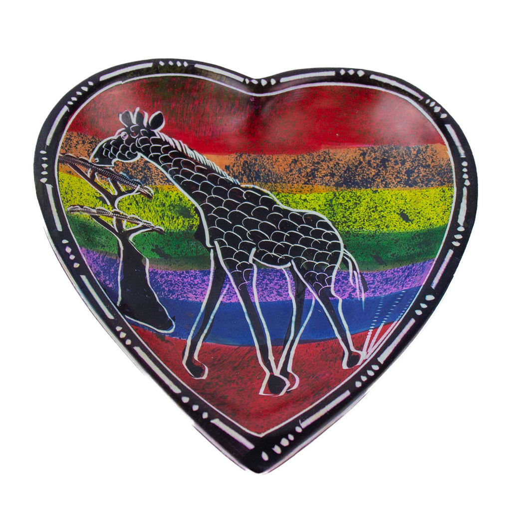 African Soapstone Hand-painted Heart Trinket Dishes-Rainbow Safari Animals-2PC Set