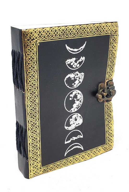 Moon Phase Silver/ Black Embossed Leather Journal with Latch 5" x 7"