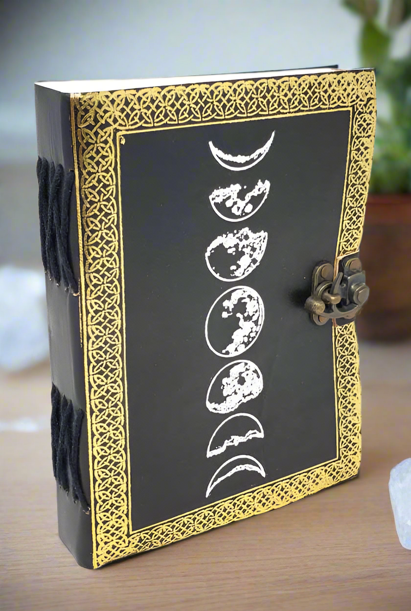 Moon Phase Silver/ Black Embossed Leather Journal with Latch 5" x 7"