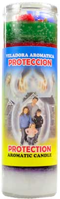 Aromatic candle labeled 'Proteccion' with family photo on a blue background