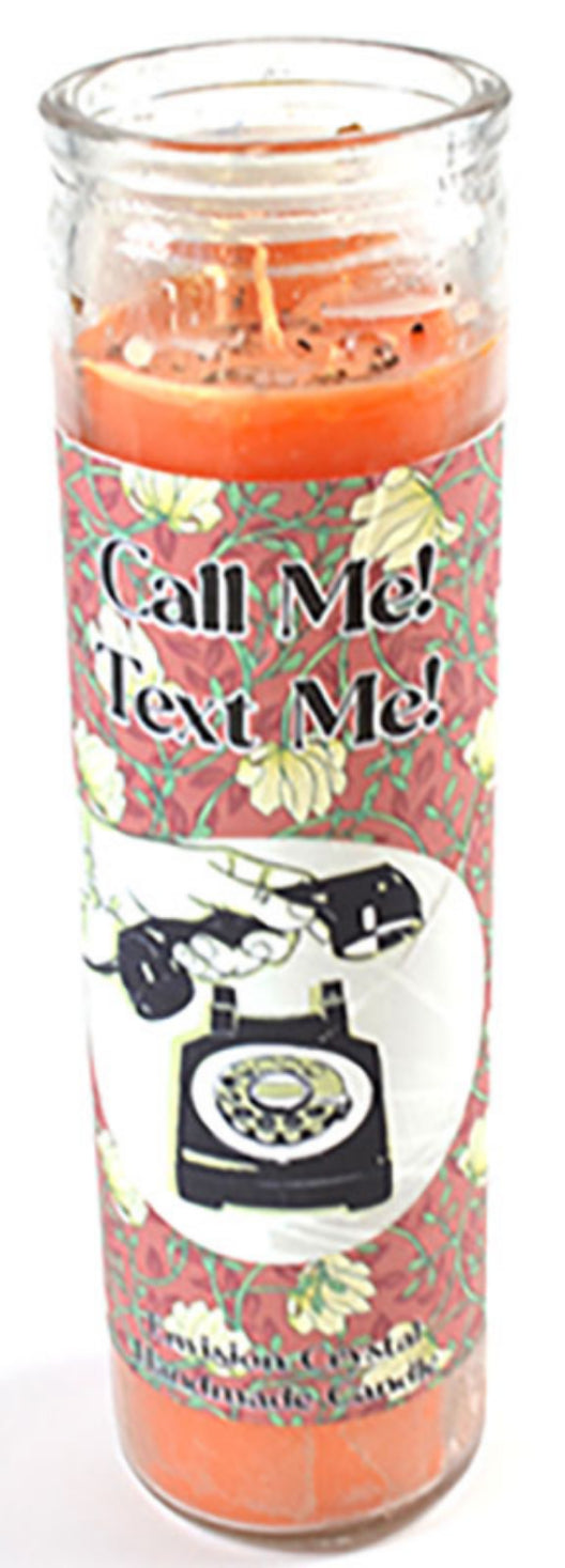 Candle with a design of a rotary phone and text 'Call Me! Text Me!' on a floral background.
