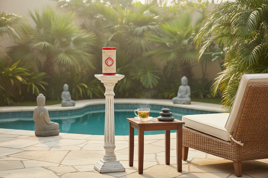 Outdoor setting with a pool, lounge chair, and decorative items in a garden.