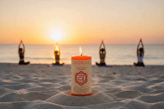 Candle with a brand logo for Crystal Journey Candles sits on a beach at sunset, with people practicing yoga in the background.