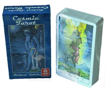 Cosmic Tarot card deck packaging with tarot card illustration on a white background