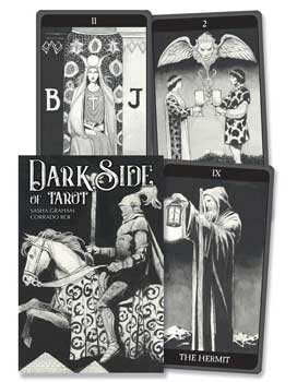 Four tarot cards from 'Dark Side of Tarot' deck with black and white illustrations.