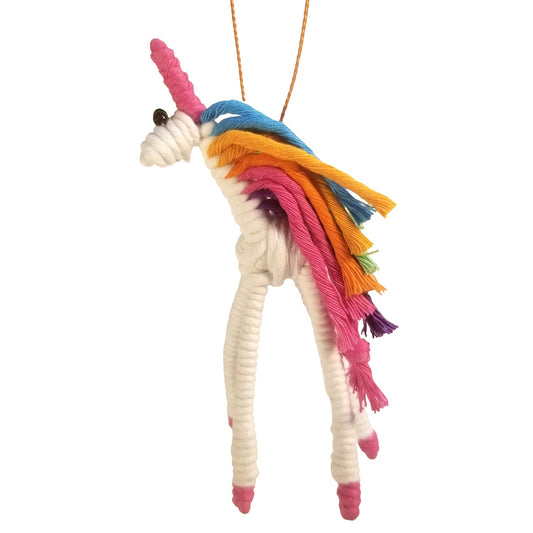 Hand-Crafted Cotton & Wire Unicorn Ornament-Blue/Pink/Rainbow- Fair Trade