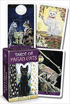 Tarot cards featuring cats with a purple box labeled 'Tarot of Pagan Cats'.