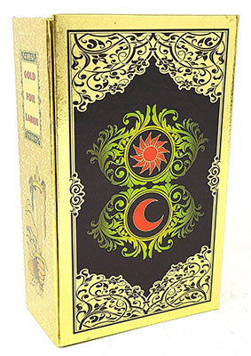 A gold foil tarot deck with intricate designs and gold edges, featuring the rider-waite symbols on the packaging.