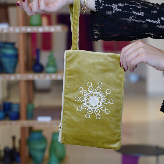 Tahiri Velvet Zippered Wristlet Pouch-Yellow/Green