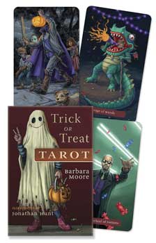 Four tarot cards with colorful designs and a book titled 'Trick or Treat Tarot' by Barbara Moore.