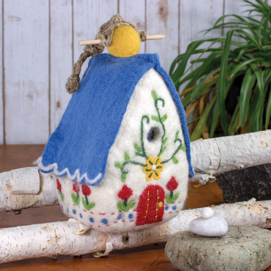 Hand-Crafted Felt Heidi Chalet Birdhouse - White/ Blue - Wild Woolies- Nepal