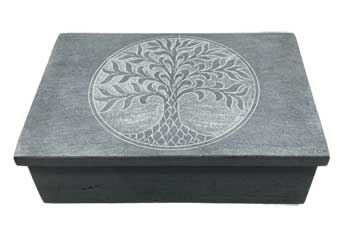 decorative soapstone box with tree of life design on the lid