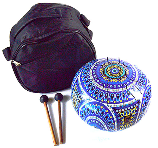 Hand Pan Tongue Drum- Fatima Hand & Evil Eye w/ 2 Sticks and Carry Bag-Blue