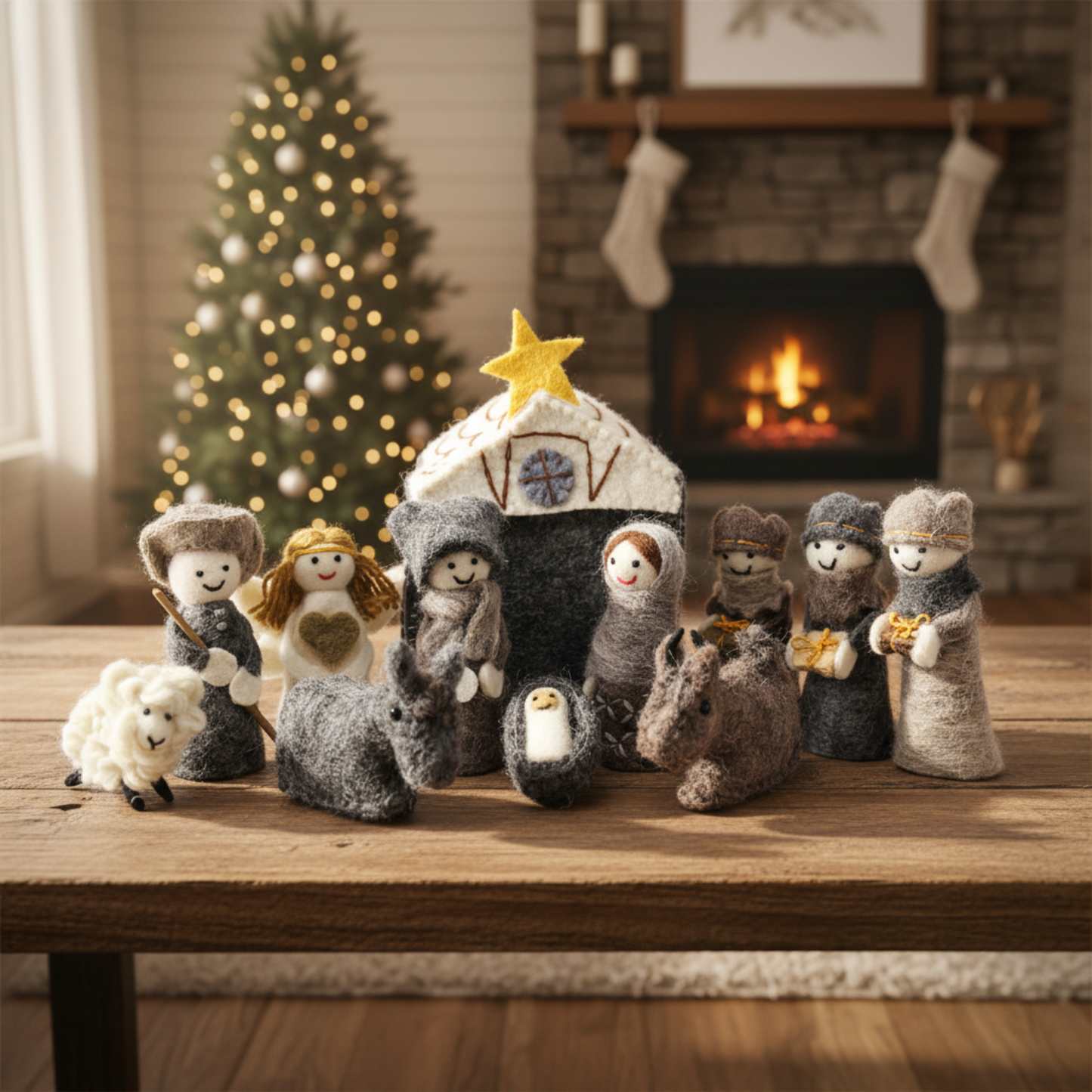 Knitted nativity scene with a star on top of the stable, set against a festive background with a Christmas tree and fireplace.