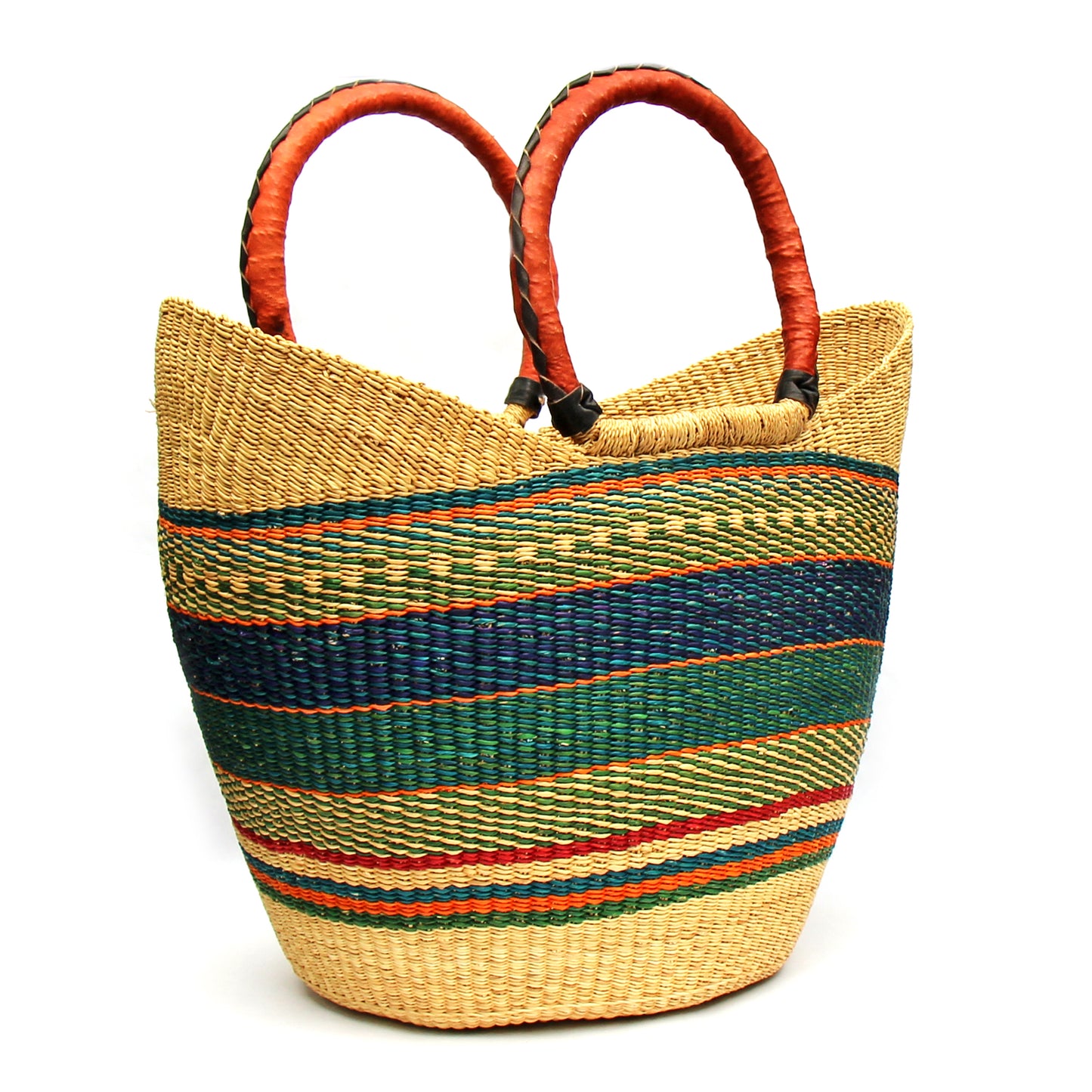 Handwoven Bolga Tote- Mixed Colors With Leather Handle 18"