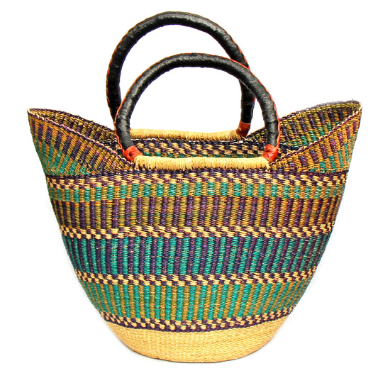 Tote Bolga tejido a mano- Colores mixtos con mango de cuero 18"