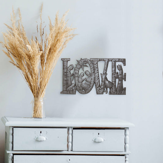 LOVE Metal Art with Nativity Scene- (9" x 14") - Croix des Bouquets -Fair Trade-Haiti