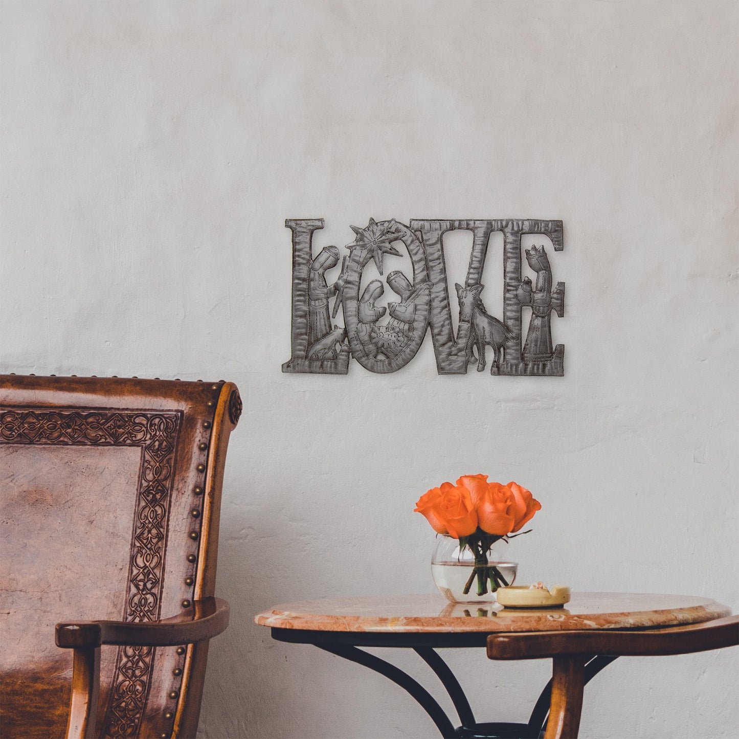 LOVE Metal Art with Nativity Scene- (9" x 14") - Croix des Bouquets -Fair Trade-Haiti