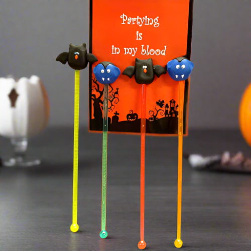 Set of 4 Halloween Stir Sticks with Marzipan Character Tops-Vampires-Bats-Colombia