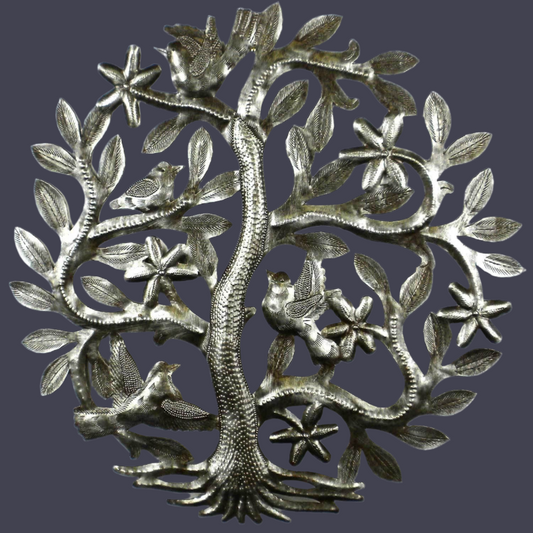 Tree of Life with Birds Recycled Metal Wall Art -14"- Croix des Bouquets-Haiti