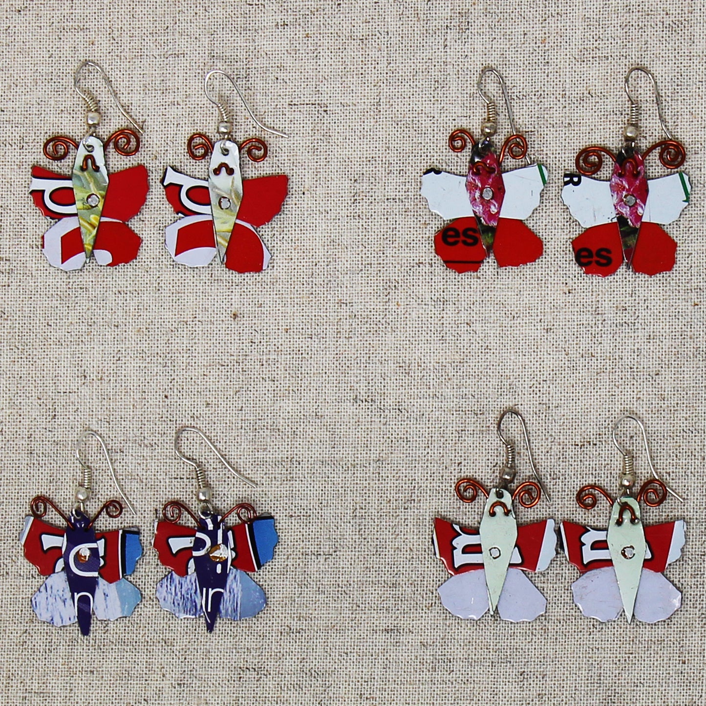 Conjunto de 10 pendientes de mariposa de lata- Alternativas creativas hechas a mano-comercio justo