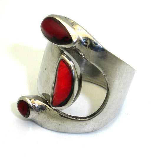 Anillo Ancho de Plata de Alpaca y Jaspe Rojo - Talla 8