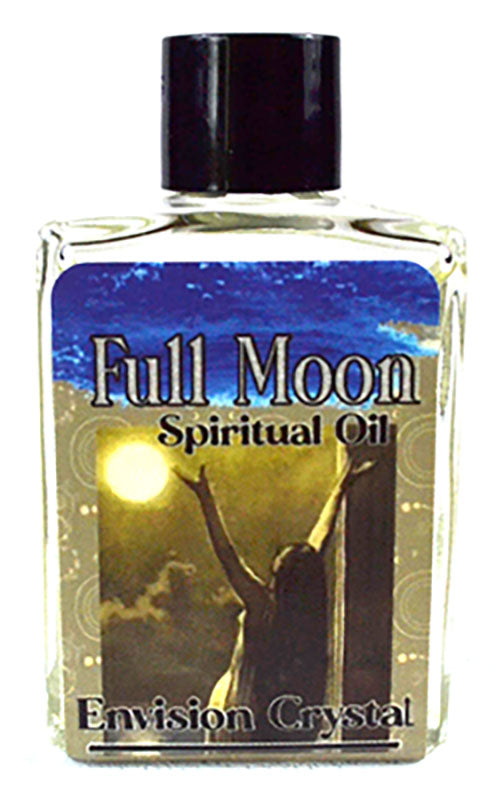 Bottle of Full Moon Spiritual Oil with a label featuring a silhouette of a person under a moonlit sky.