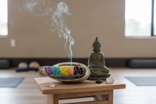 Incense burner with colorful smudge sticks and smoke, placed on a wooden table in a room with a Buddha statue.