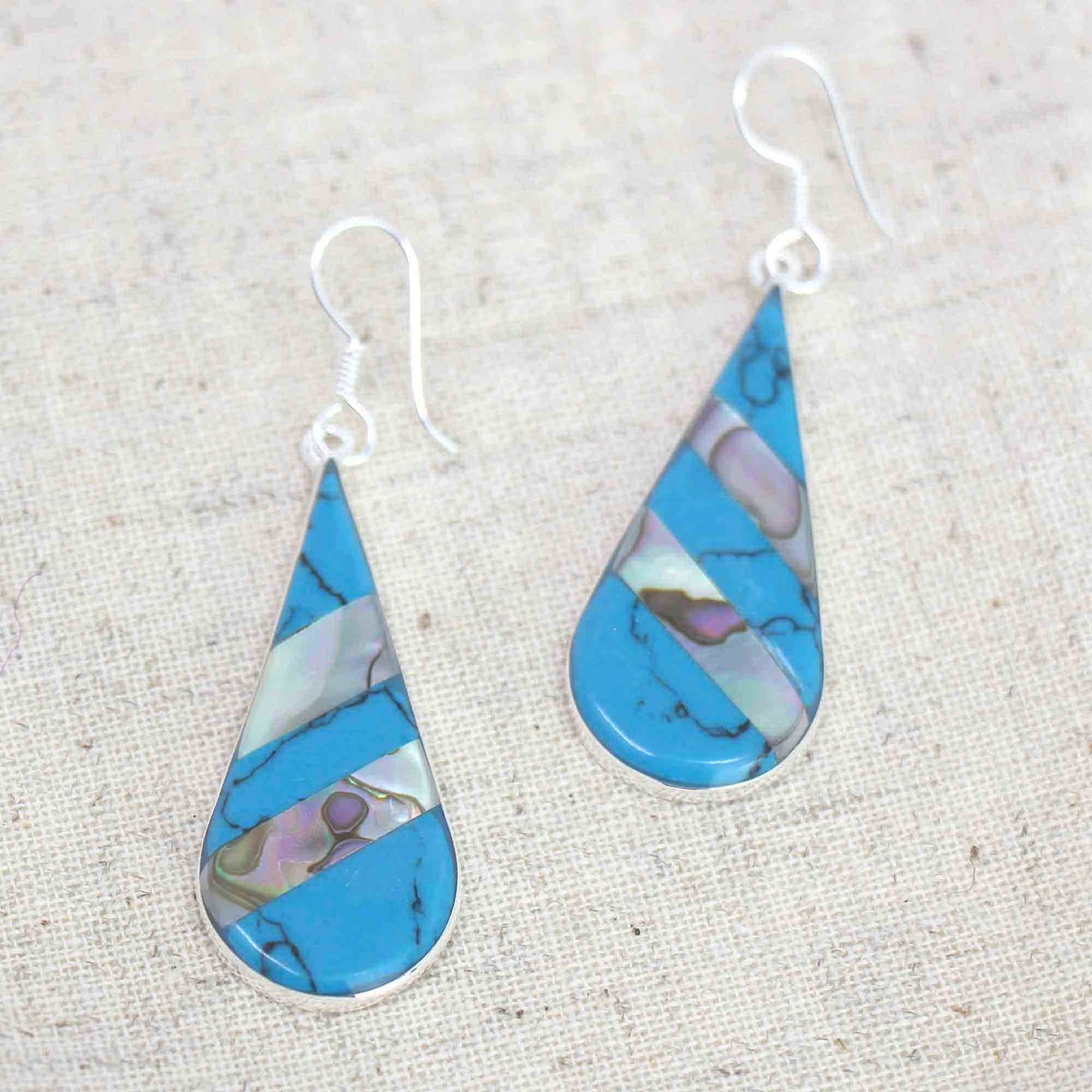 Abalone & Turquoise Striped Silver Teardrop Earrings
