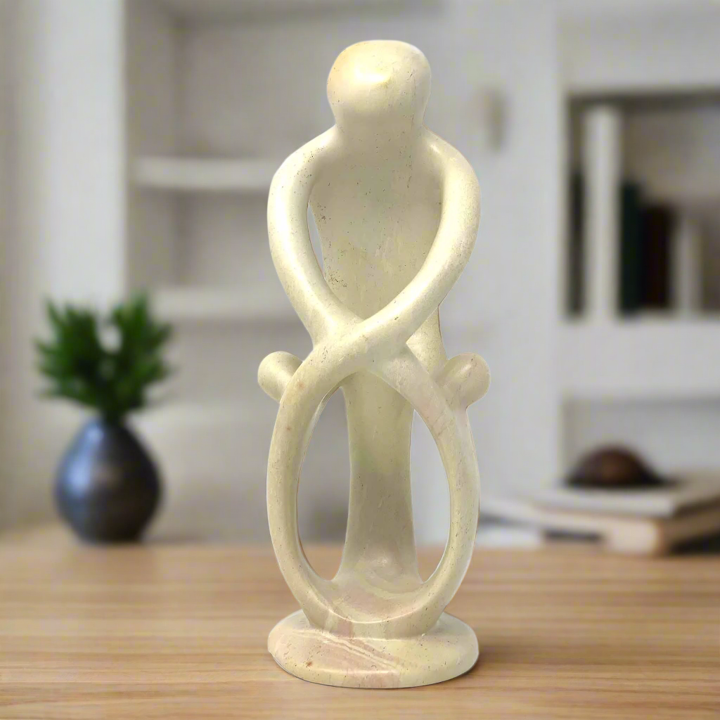 Natural 8-inch Tall Soapstone Family Sculpture - Single Parent and 2 Children - Kenya