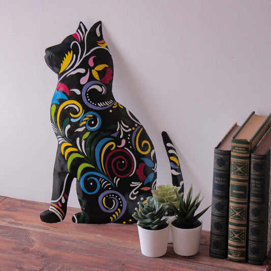 Hand-Painted Haitian Steel Drum Wall Art-Thoughtful Kitty-14.5"