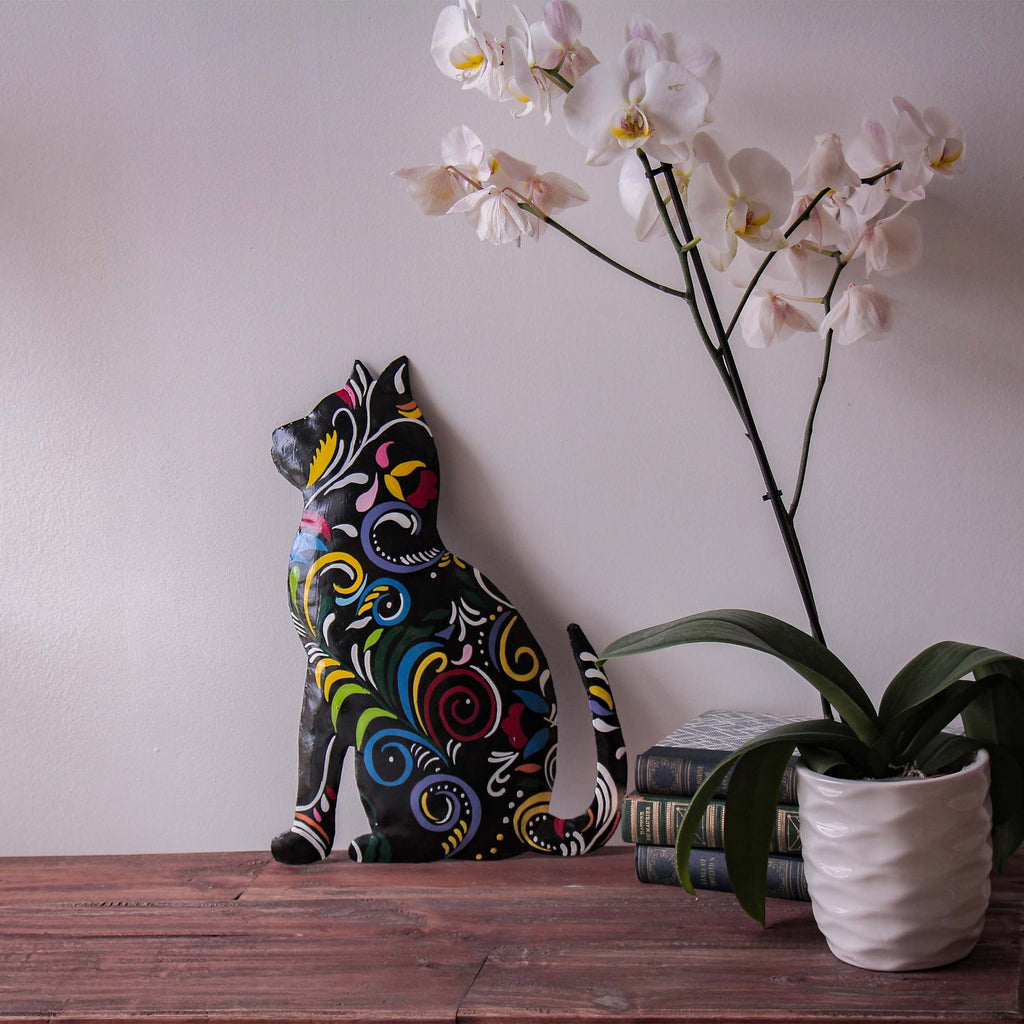 Hand-Painted Haitian Steel Drum Wall Art-Thoughtful Kitty-14.5"