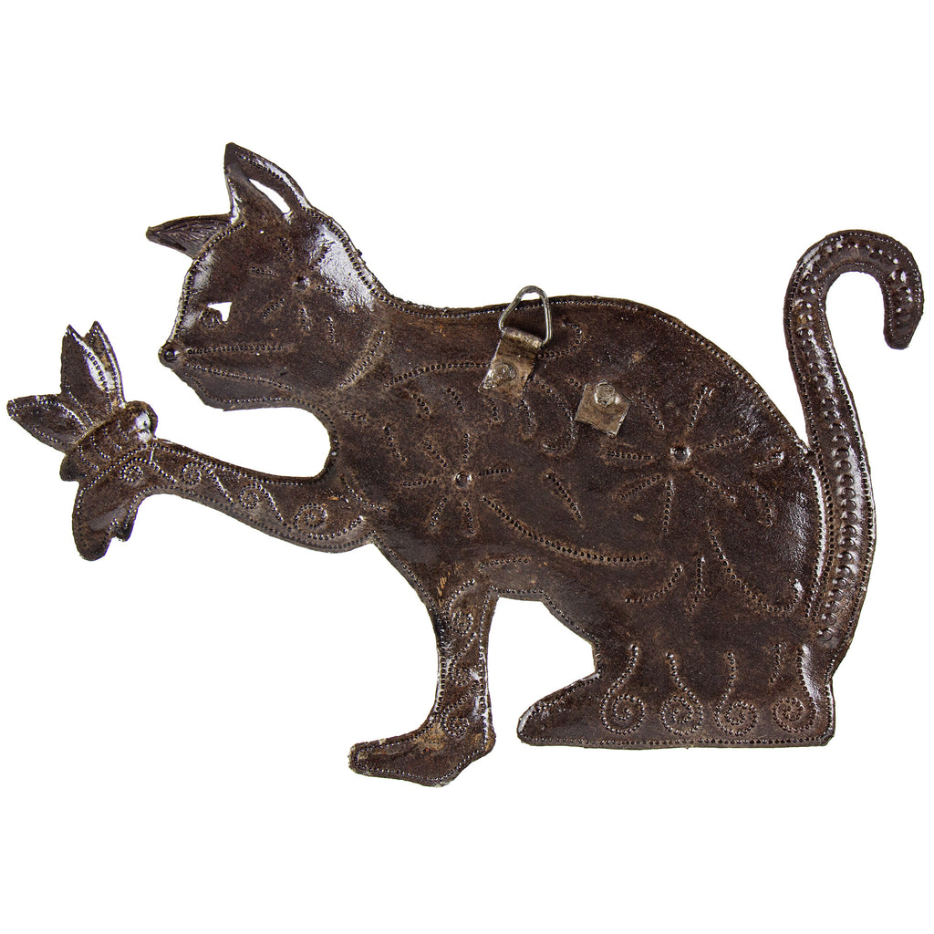 Haitian Steel Drum Wall Art- Playful Kitty and Butterfly -Fair Trade